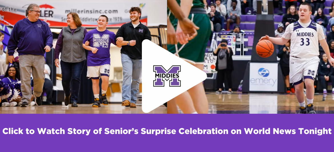 Graphic reads "Click to Watch Story of Senior’s Surprise Celebration on World News Tonight" taking you to a video link. It shows a photo of a student walking arm-in-arm with family members, and anothe